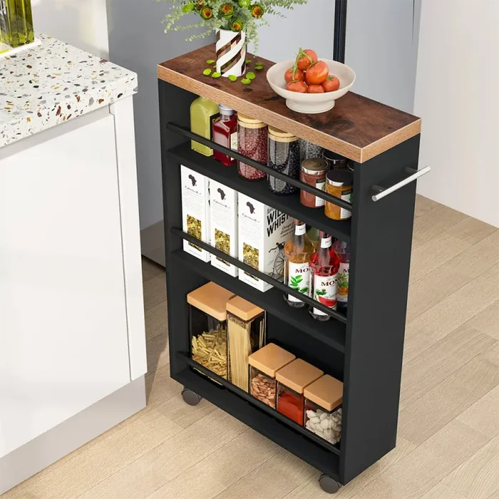 Carrello Portaoggetti Salvaspazio 50x16x80 cm per Cucina Bagno con Ruote Nero - immagine 3