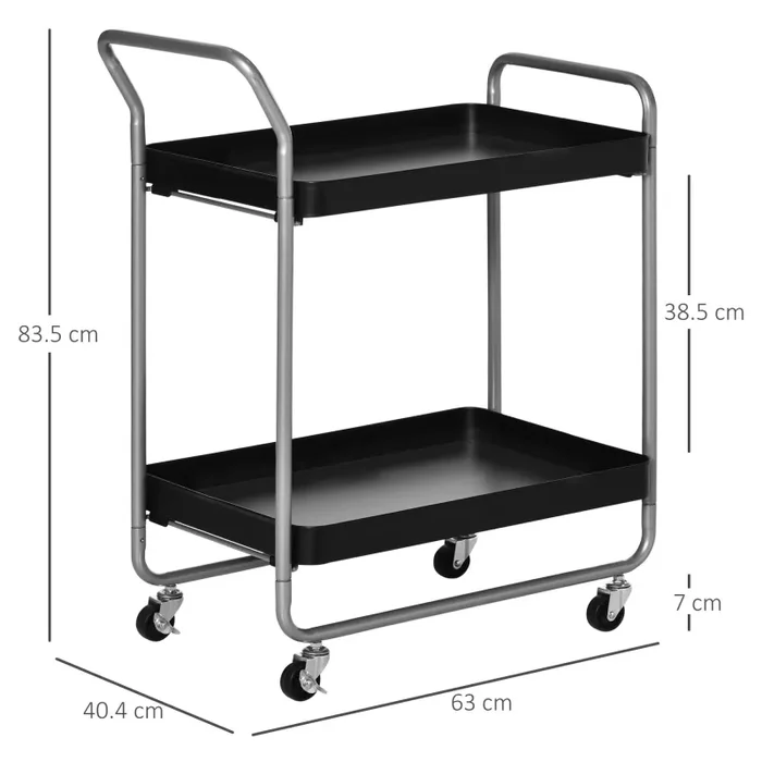 Carrello Portavivande da Cucina 2 Ripiani 63×40,4×83,5 cm con Ruote in Metallo Nero - immagine 3