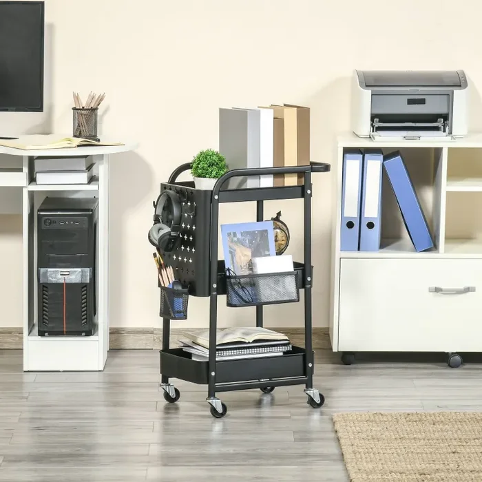 Carrello Portavivande da Cucina 3 Ripiani 51,5x32x75,6 cm con Ruote in Acciaio Nero - immagine 2