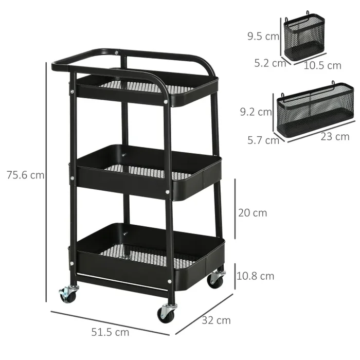 Carrello Portavivande da Cucina 3 Ripiani 51,5x32x75,6 cm con Ruote in Acciaio Nero - immagine 3