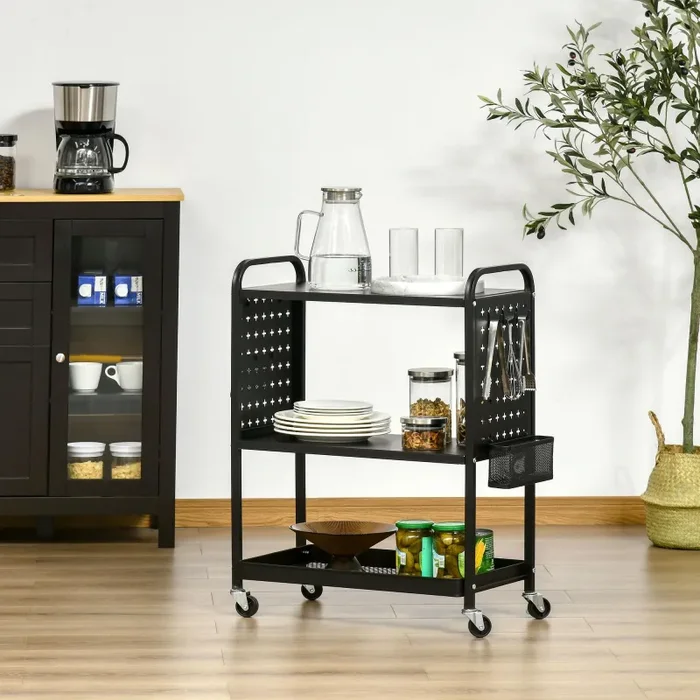 Carrello Portavivande da Cucina 3 Ripiani 70×33,4×80,5 cm con Ruote in Acciaio Nero - immagine 2