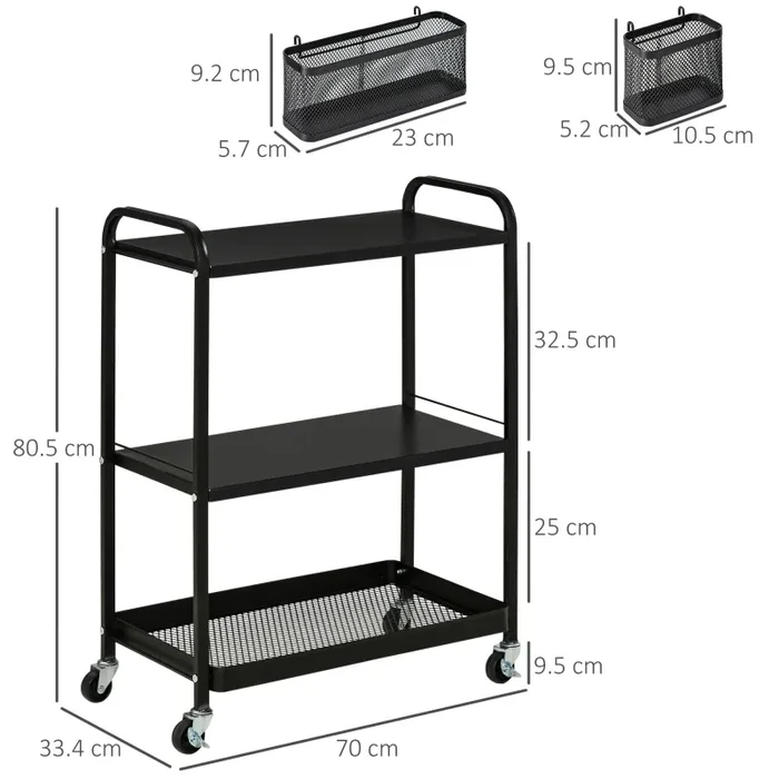 Carrello Portavivande da Cucina 3 Ripiani 70×33,4×80,5 cm con Ruote in Acciaio Nero - immagine 3