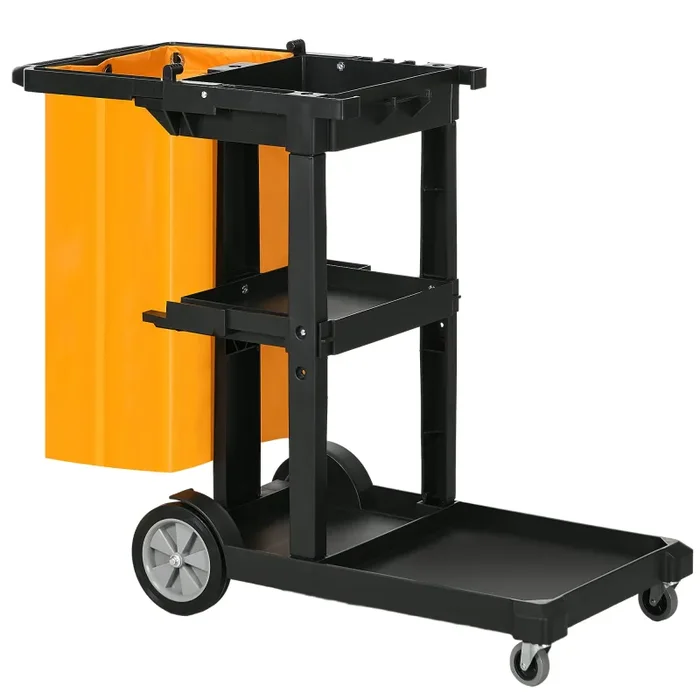 Carrello Pulizie 4 Ripiani Sacco da 100L 121×50,5×96,5 cm Nero Giallo e Grigio