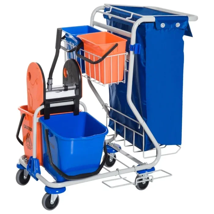 Carrello Pulizie Professionale 4 Secchi 18L/6L con Ruote Blu e Arancione