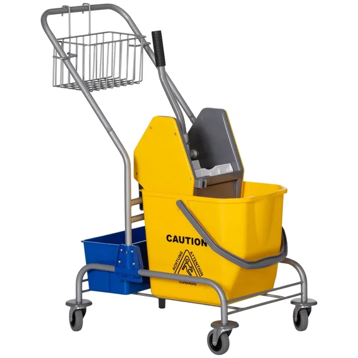 Carrello Pulizie Professionale con Strizzatore Secchio 25L e Ripiano Blu e Giallo