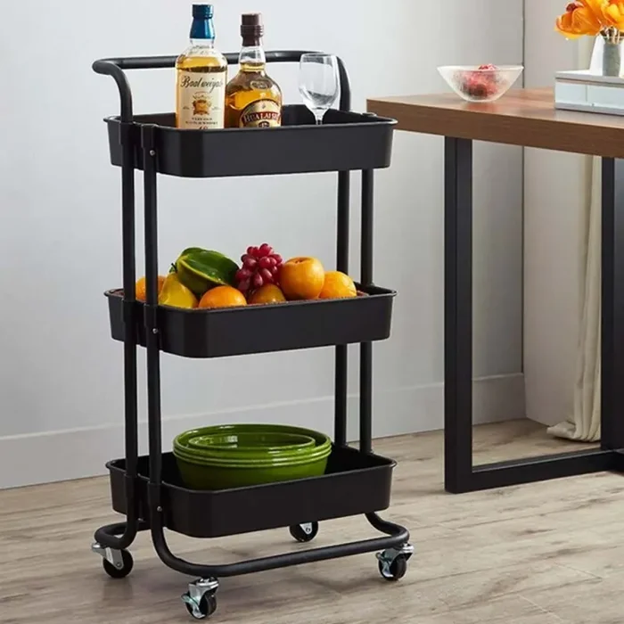 Carrello Trolley Cucina in Metallo 3 Ripiani 43x36x85 4 Ruote Salvaspazio Nero - immagine 2