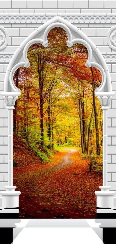 Carta Da Parati Fotomurale Per Porta – Gothic Arch And Forest In Atumn I 90x210cm Erroi - immagine 2