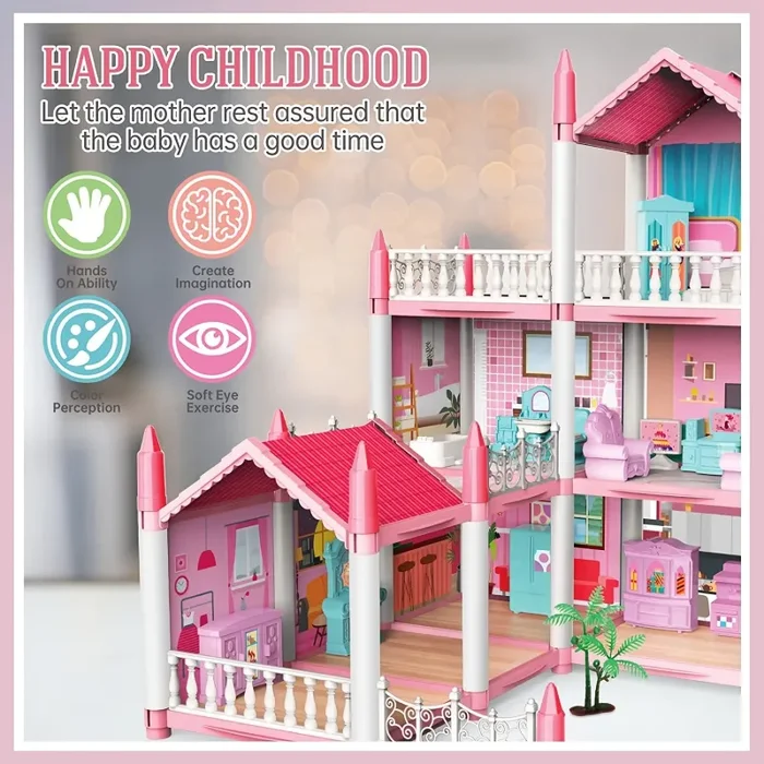 Casa delle bambole per bambini, 3 piani, 9 stanze, rosa, giochi di finzione fai-da-te per costruire set di giocattoli assemblati, accessori e mobili per la casa dei giocattoli, regali di compleanno, Halloween/Giorno del Ringraziamento/Regalo di Natale - immagine 3