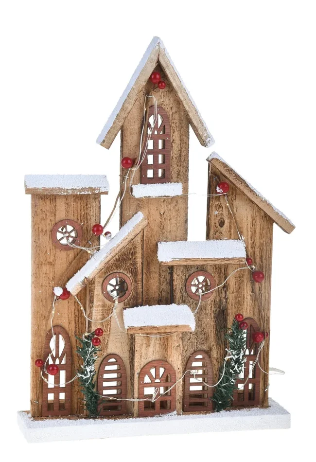 Casa Natalizia innevata con 20 Led H40 cm in Legno e Plastica Online ora