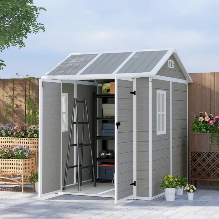 Casetta Box da Giardino 180×180 cm con Pavimento 2 Porte con Blocco e Finestra in Resina Grigio - immagine 2