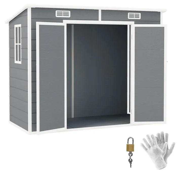 Casetta Box da Giardino 240×130 cm con Pavimento 2 Porte con Blocco e Finestra in Resina Grigio