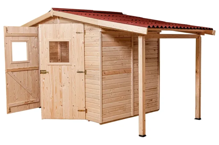 Casetta Box da Giardino 3,36×1,6 m con Pavimento e Tettoia Laterale in Legno Picea Massello 16mm Eden