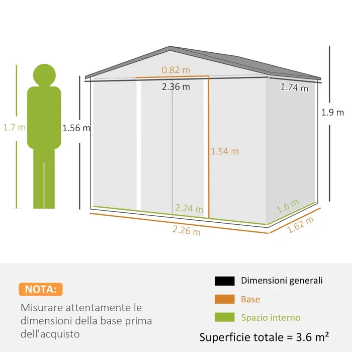 Casetta Box da Giardino con Doppia Porta Scorrevole 236x174x190 cm in Lamiera di Acciaio Grigio - immagine 3