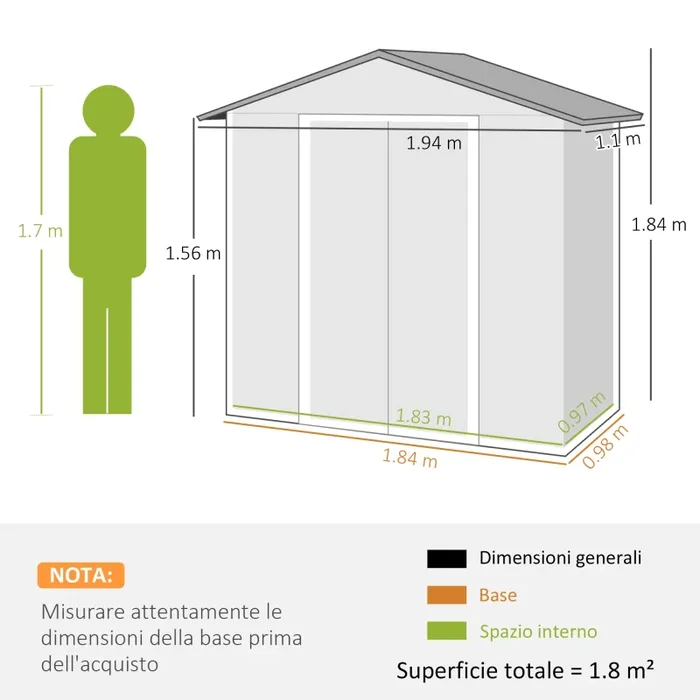 Casetta Box da Giardino con Doppia Porta Scorrevole 4 Prese d’Aria 194x110x184 cm in Acciaio Zincato Grigio Saldi - immagine 3