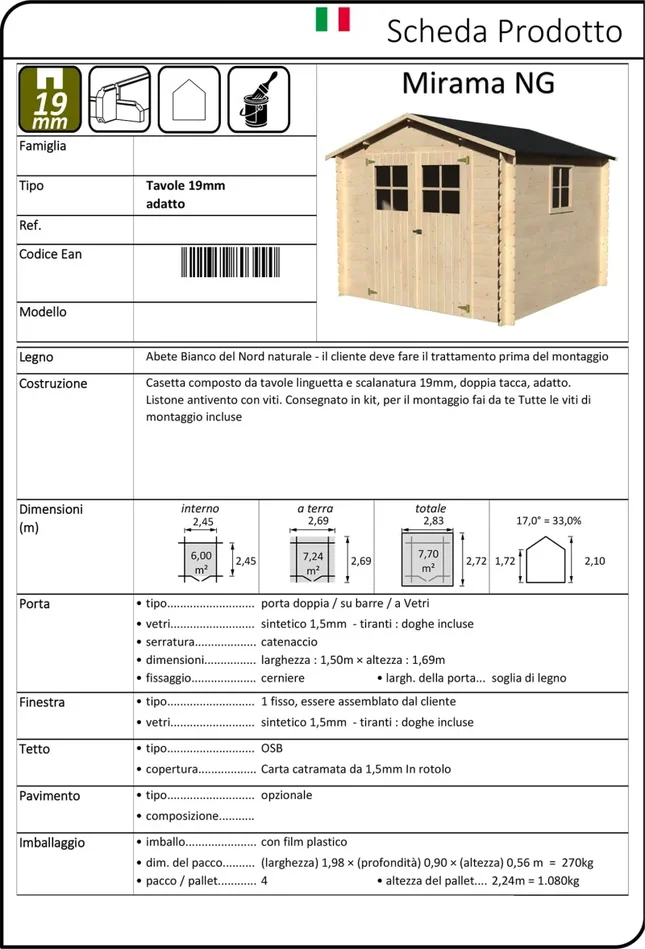 Casetta Box da Giardino per Attrezzi 2,83×2,72m Senza Pavimento in Legno Abete 19mm Mirama NG Vendita calda - immagine 2
