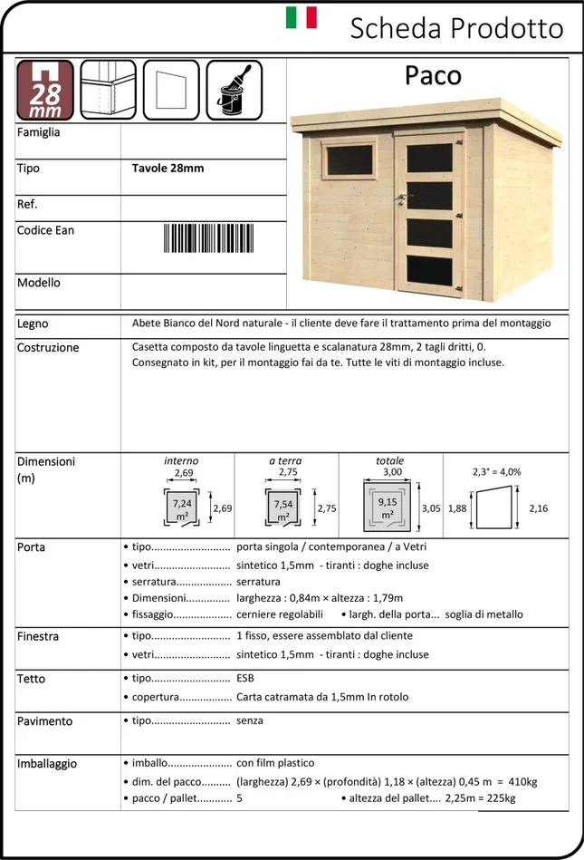 Casetta Box da Giardino per Attrezzi 3×3,05m Senza Pavimento in Legno Abete 28mm Paco - immagine 3