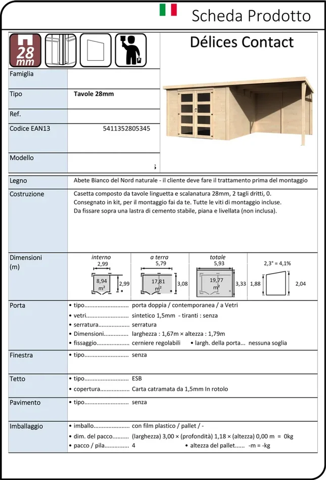Casetta Box da Giardino per Attrezzi 5,79×3,08m Senza Pavimento con Tettoia in Legno Abete 28mm Delices - immagine 3