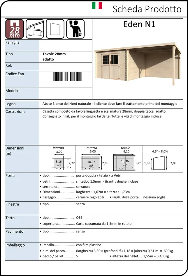Casetta Box da Giardino per Attrezzi 6,10x3m Senza Pavimento con Tettoia in Legno Abete 28mm Eden - immagine 3