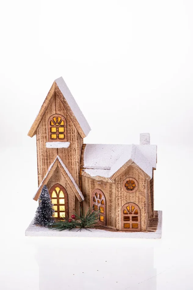Casetta con Neve con 10 Led 31 cm in Legno e Plastica - immagine 2