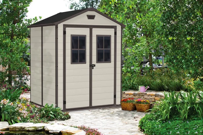 Casetta da Giardino Porta Attrezzi 185x152x226 cm con 2 Finestre in Resina Keter Manor 6×5 Beige - immagine 2