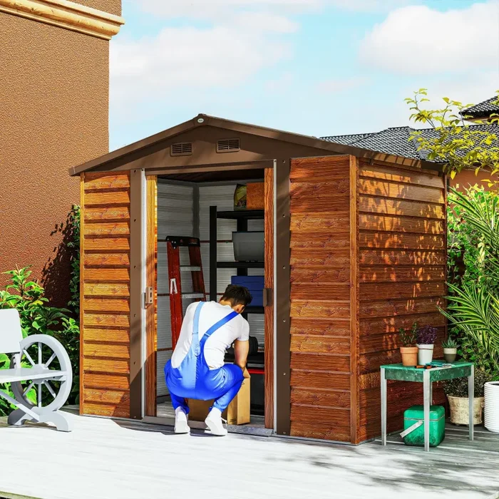 Casetta da Giardino Porta Attrezzi 235,7x152x208,7 cm con Pannelli in Acciaio Galvanizzato Effetto Legno Marrone - immagine 2