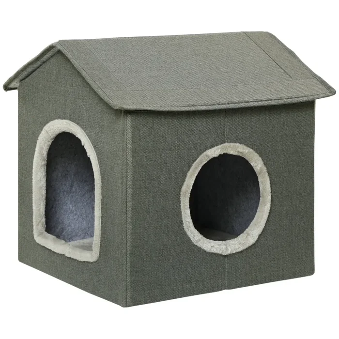 Casetta per Gatti 39×43,5×40,5 cm 2 Entrate con Cuscini Verde Fornitura