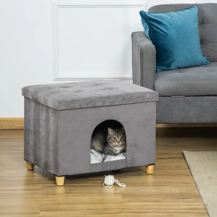 Casetta per Gatti Pouf Poggiapiedi Imbottito 60x45x44,5 cm con Cuscino Rimovibile e Lavabile Grigio - immagine 2
