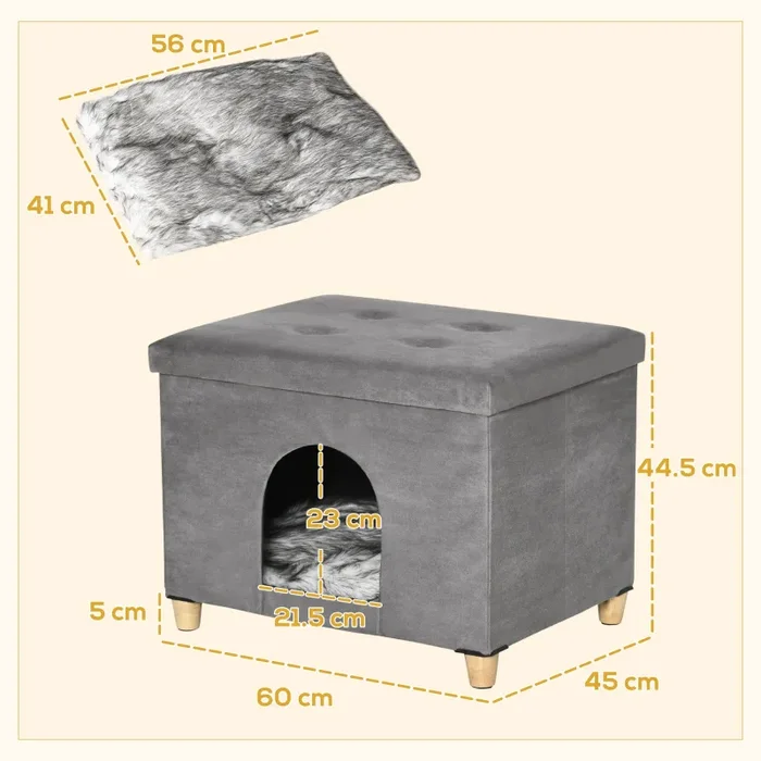 Casetta per Gatti Pouf Poggiapiedi Imbottito 60x45x44,5 cm con Cuscino Rimovibile e Lavabile Grigio - immagine 3