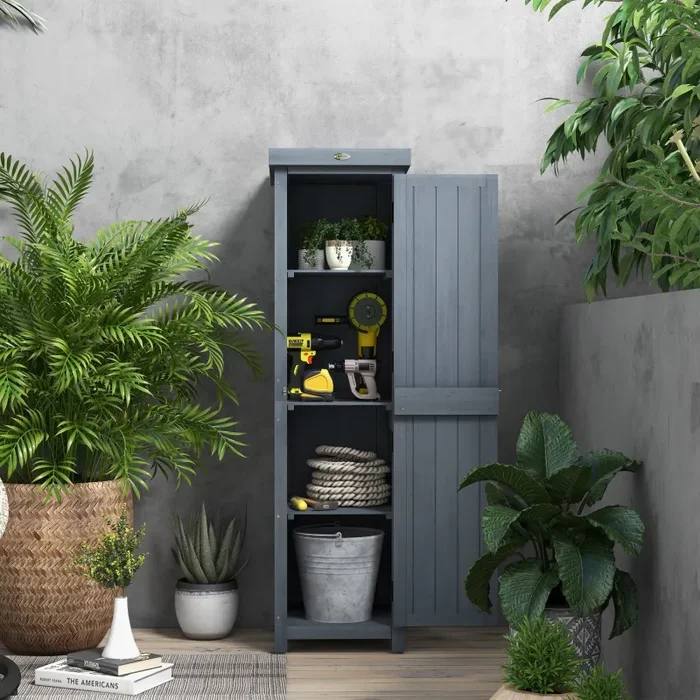 Casetta Porta Attrezzi a 3 Ripiani con Tetto in Metallo 45x45x160 cm in Legno da Abete Grigio - immagine 2