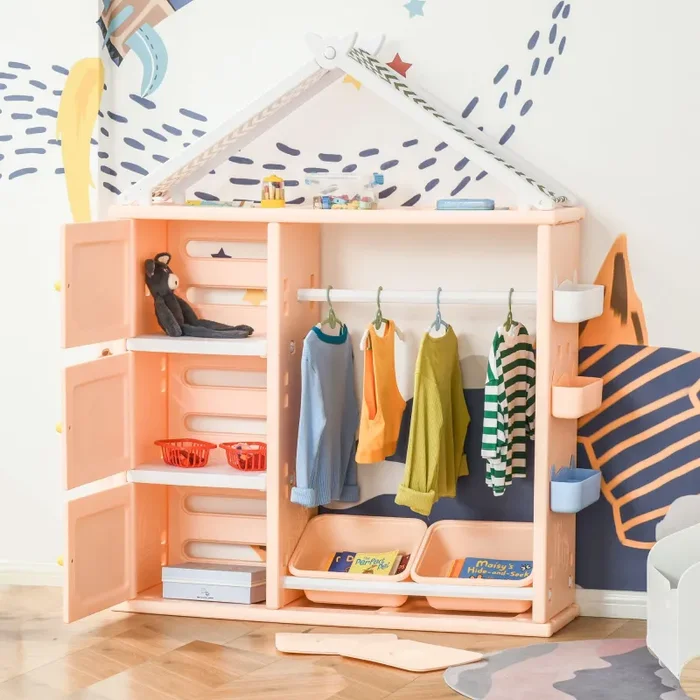 Casetta Portagiochi 128x34x155 cm con Contenitori e Appendiabiti Arancione - immagine 2