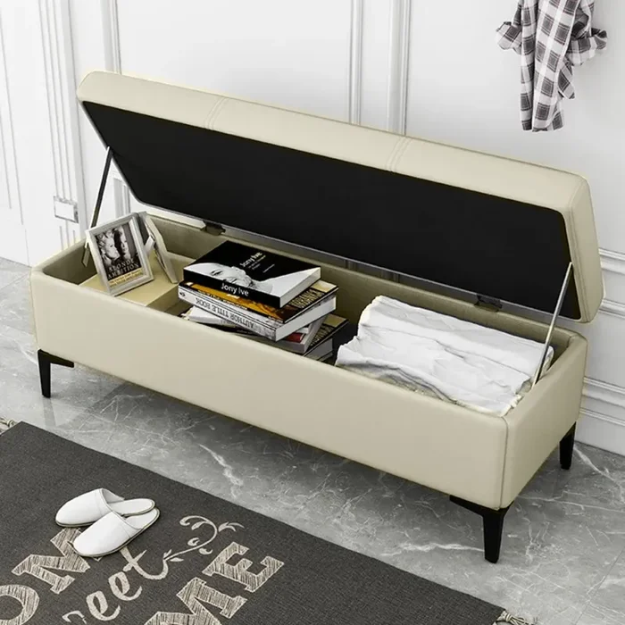 Cassapanca Contenitore Ecopelle Divano Panca Pouf con Piedini in Metallo Beige - immagine 2