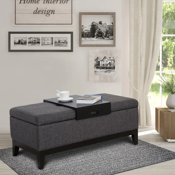 Cassapanca Imbottita con Vano Portaoggetti e Vassoio Grigio 107x50x44 cm - immagine 2