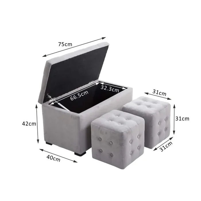 Cassapanca Portaoggetti Multiuso con 2 Sgabelli Pouf in Velluto Grigio Perla Online ora - immagine 3