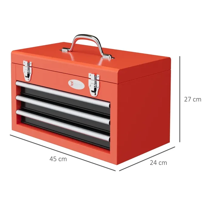 Cassetta Porta Attrezzi con 3 Cassetti e Vano Superiore con Maniglia 45x24x27 cm in Acciaio Rosso - immagine 3