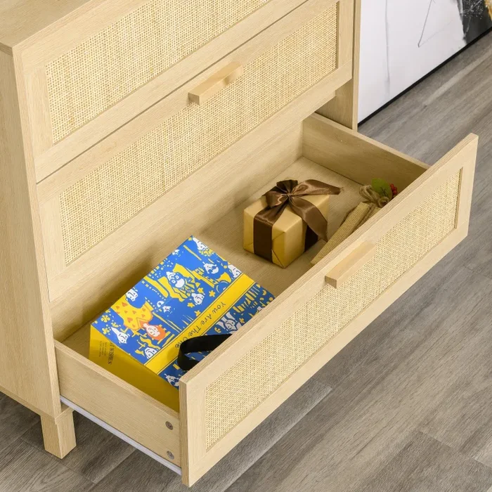 Cassettiera 3 Cassetti 80x40x80 cm in MDF e Rattan Legno Naturale
