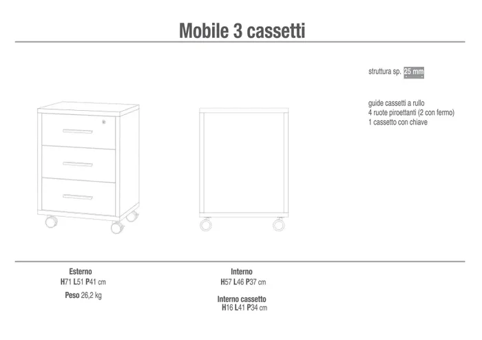 Cassettiera 3 Cassetti su Ruote 51x71x41 cm Cemento/Ossido Bianco - immagine 3