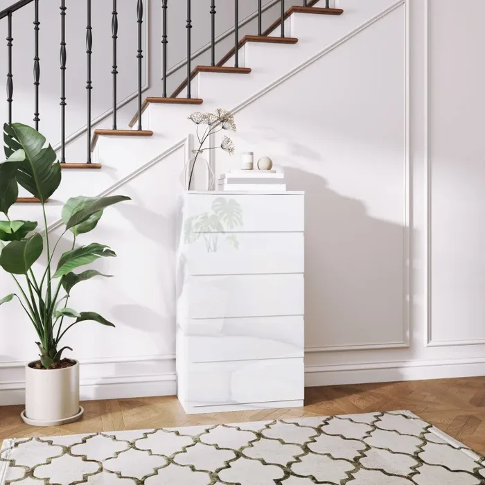 Cassettiera 5 Cassetti Antiribaltamento 55x33x100 cm Bianco Lucido - immagine 2