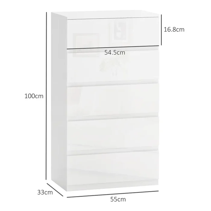Cassettiera 5 Cassetti Antiribaltamento 55x33x100 cm Bianco Lucido - immagine 3