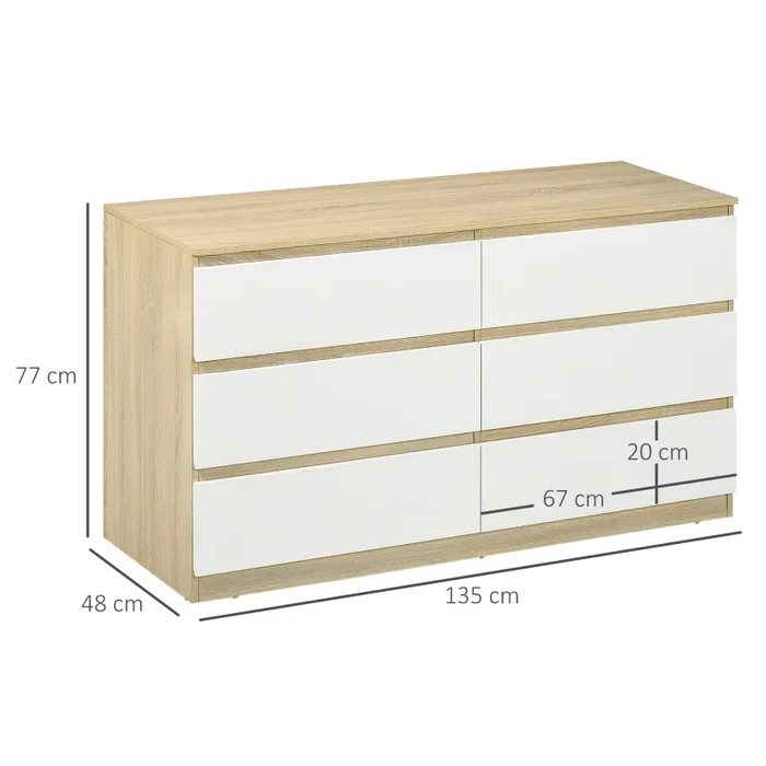 Cassettiera 6 Cassetti 135x48x77 cm in Legno Bianco e Colore Legno - immagine 3