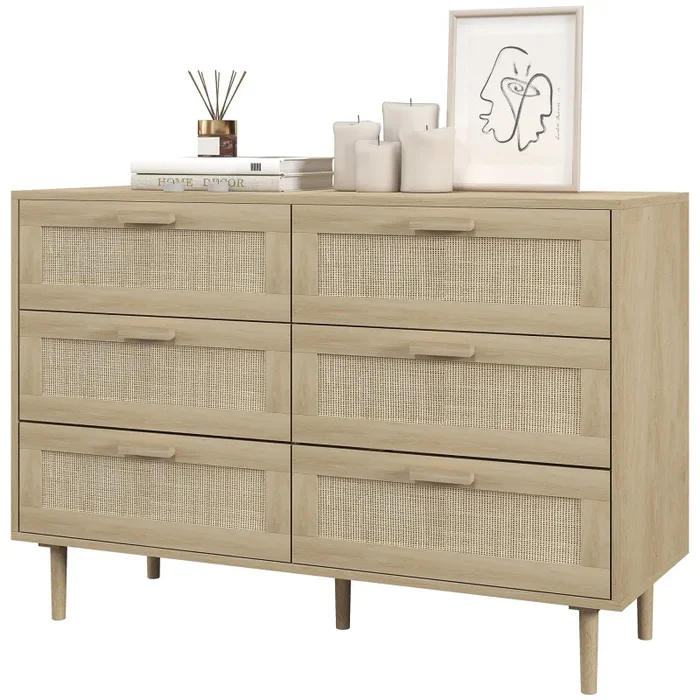 Cassettiera 6 Cassetti Stile Boho per Soggiorno e Camera da Letto 110x40x75 cm in Legno e Rattan Naturale Vendita calda online