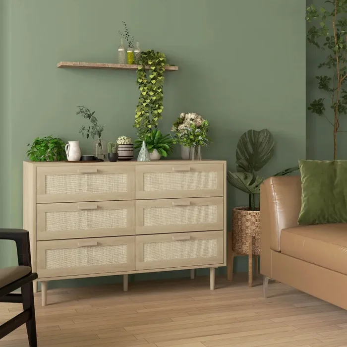 Cassettiera 6 Cassetti Stile Boho per Soggiorno e Camera da Letto 110x40x75 cm in Legno e Rattan Naturale Vendita calda online - immagine 2