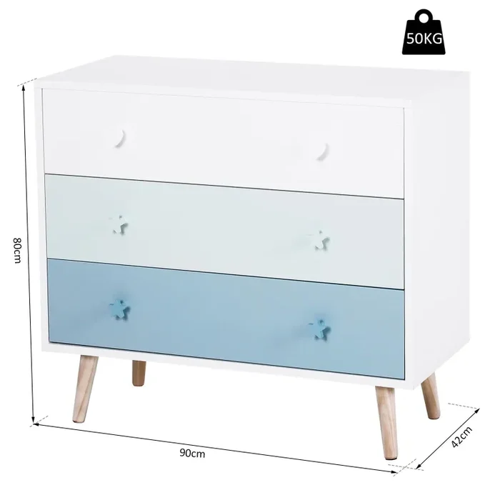 Cassettiera con 3 Cassetti in Legno di Pino 90x42x80 cm Bianco e Blu