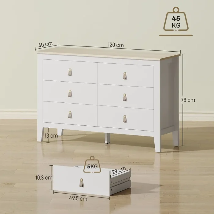 Cassettiera per Camera da Letto a 6 Cassetti 120x40x78 cm con Maniglie in Finta Pelle in Legno Bianco Online ora - immagine 3