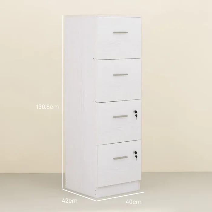 Cassettiera per Ufficio a 4 Cassetti 40x42x130,8 cm con 2 Serrature e Barra Portadocumenti in Legno Bianco - immagine 3