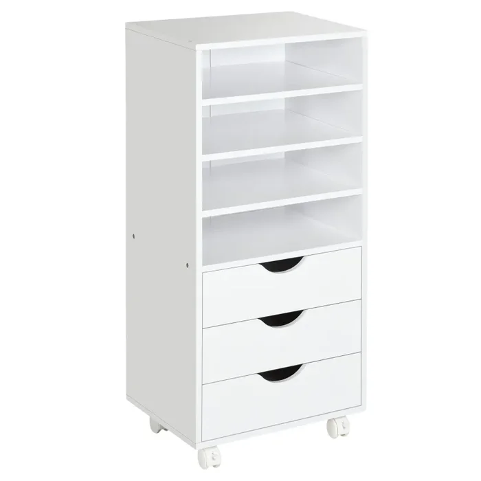 Cassettiera per Ufficio con Ruote 3 Cassetti 4 Ripiani in Legno 40x30x83 cm Bianco