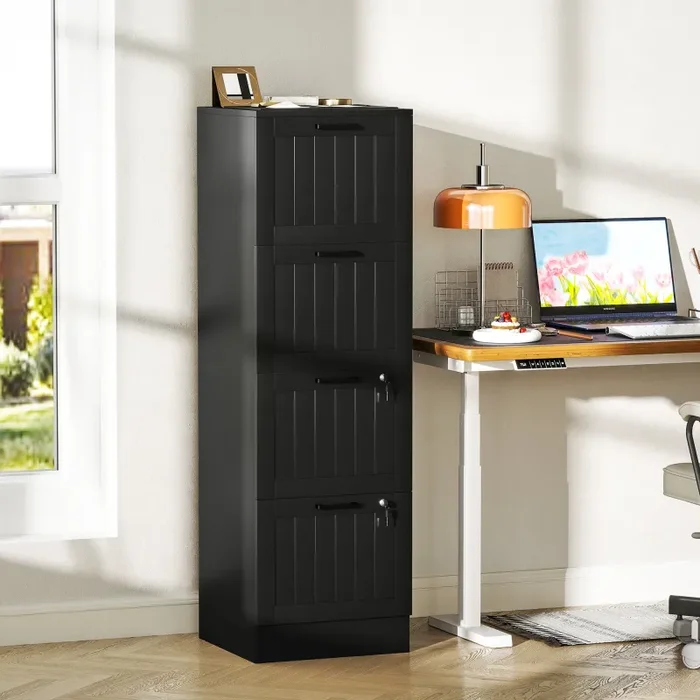 Cassettiera Portadocumenti a 4 Cassetti 40x40x131 cm 2 Serrature in Legno Nero - immagine 2