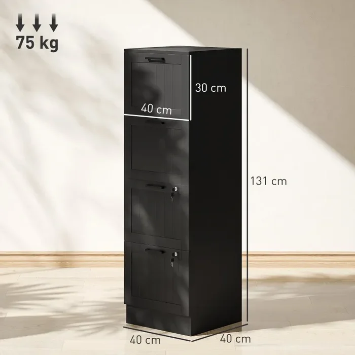 Cassettiera Portadocumenti a 4 Cassetti 40x40x131 cm 2 Serrature in Legno Nero - immagine 3