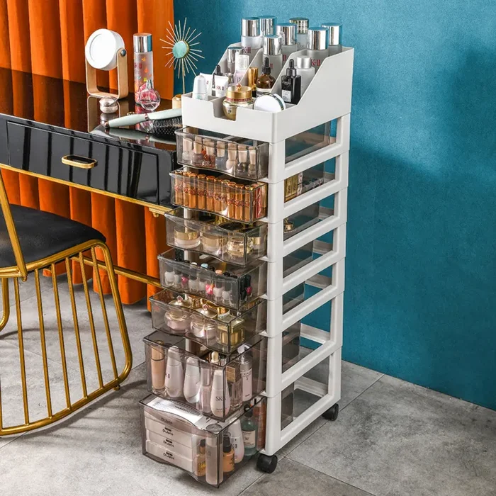 Cassettiera Salvaspazio Carrello Portaoggetti in Polipropilene 8 Ripiani Bianco - immagine 3