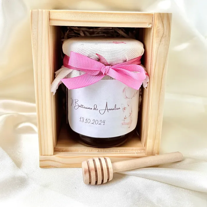 Cassettina in Legno per Battesimo Barattolino Miele Millefiori – Acacia – Castagno artigianale 250gr