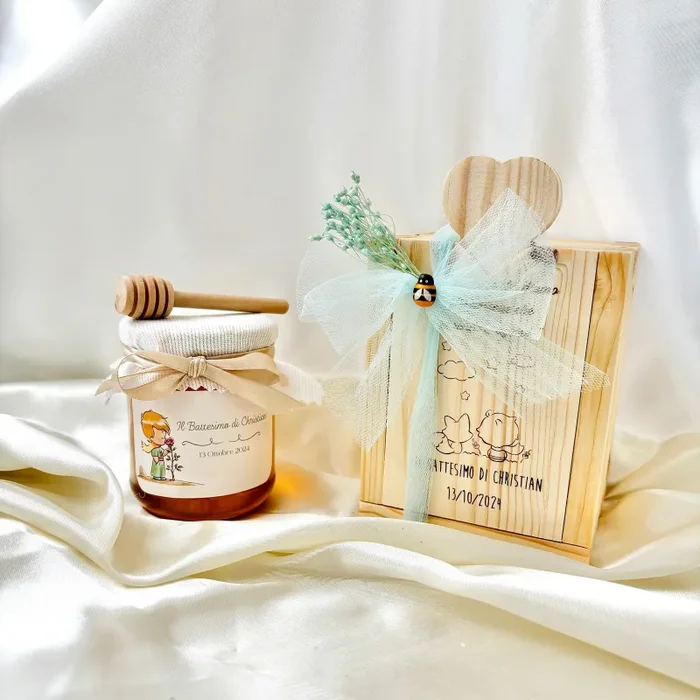 Cassettina in Legno Tema PICCOLO PRINCIPE per Battesimo Barattolino Miele Millefiori – Acacia – Castagno artigianale 250gr
